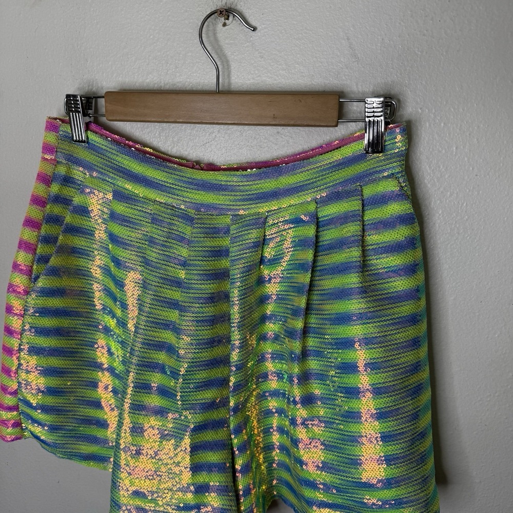 Queen Of Sparkles Neon Stripe Sequin Shorts Pink Yellow/green Women's Medium - Picture 3 of 12
